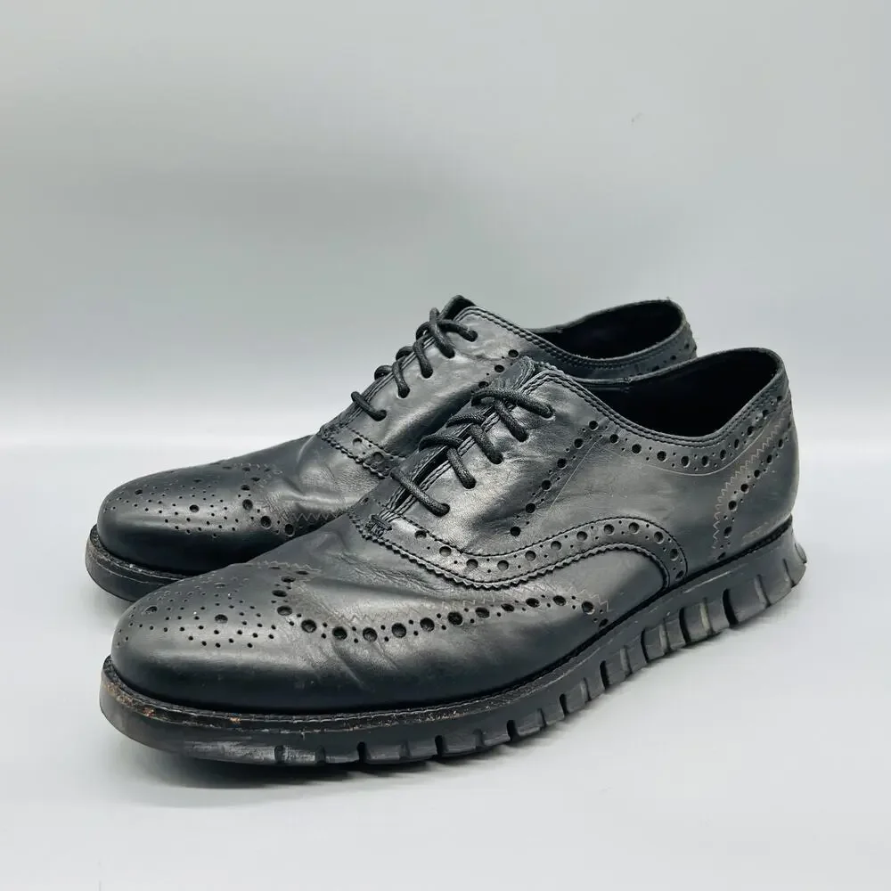 Cole Haan Shoes Mens 10.5 Black Leather Zerogrand Wingtip Oxford Dress Brogue